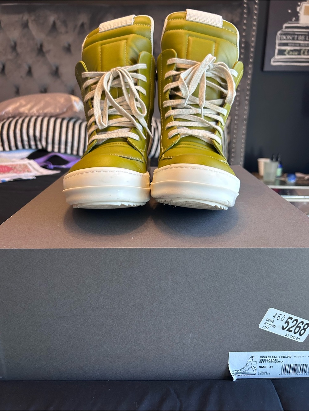 Rick Owens Olive Green High-Top Sneakers with White Soles